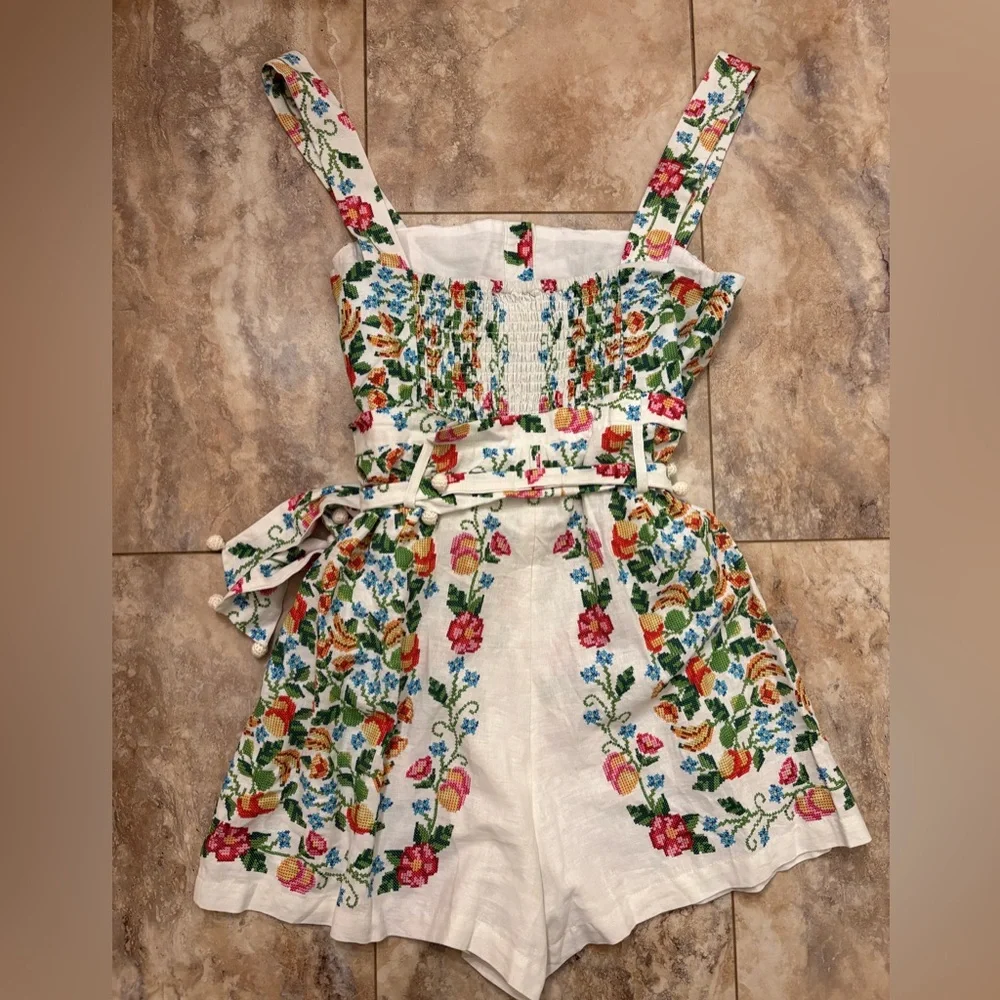 NWOT FARM Rio Tropical Romance Floral-Print Linen-Blend Romper Women’s Medium - Picture 7 of 16